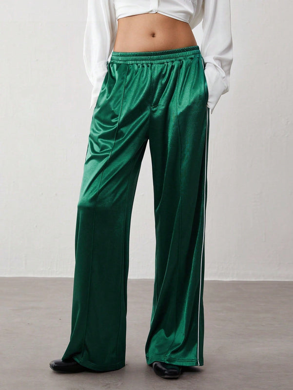 Trndy pantalones casuales de mujer con cintura elastica y rayas laterales de estilo retro