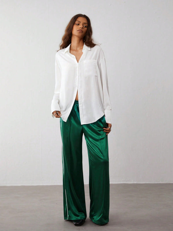 Trndy pantalones casuales de mujer con cintura elastica y rayas laterales de estilo retro