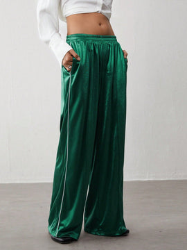 Trndy pantalones casuales de mujer con cintura elastica y rayas laterales de estilo retro