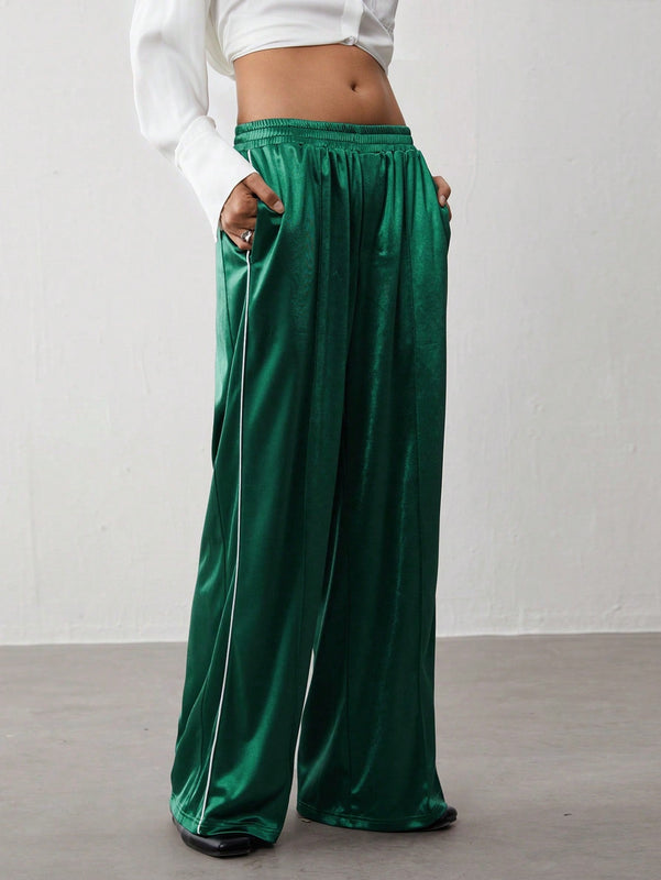 Trndy pantalones casuales de mujer con cintura elastica y rayas laterales de estilo retro