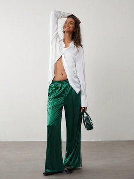 Trndy pantalones casuales de mujer con cintura elastica y rayas laterales de estilo retro