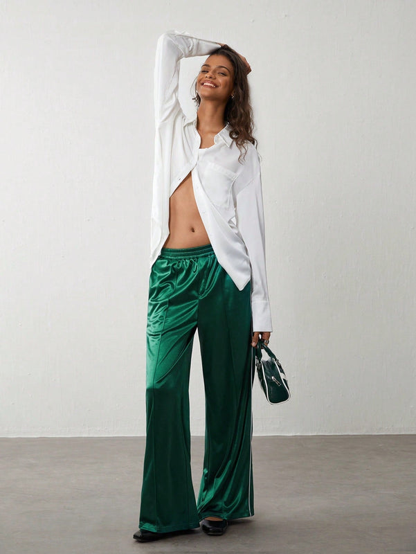 Trndy pantalones casuales de mujer con cintura elastica y rayas laterales de estilo retro