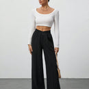 Tall pantalones anchos de pierna negros con envoltorio de cintura de unicolor para mujer