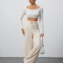 Tall pantalones casuales de pierna ancha tejidos de color albaricoque para mujer