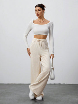Tall pantalones casuales de pierna ancha tejidos de color albaricoque para mujer