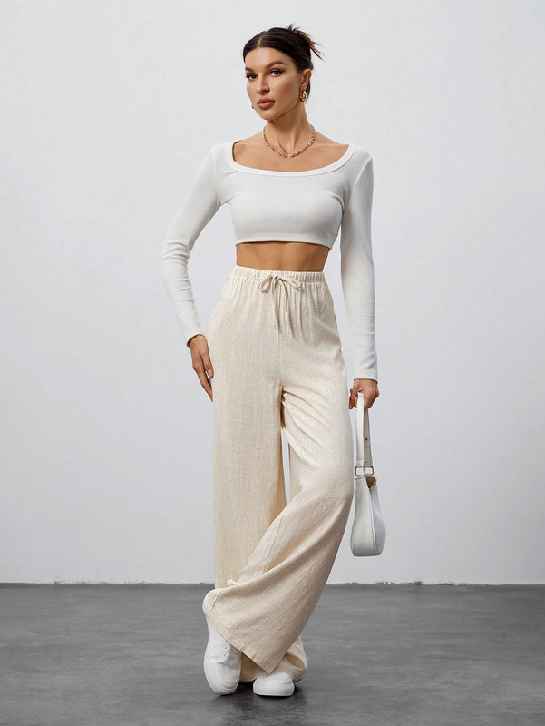 Tall pantalones casuales de pierna ancha tejidos de color albaricoque para mujer