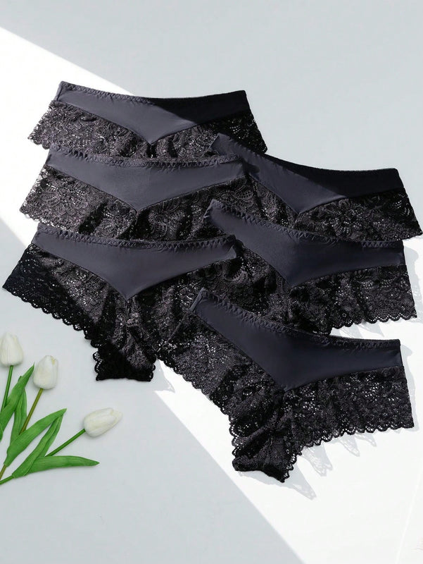 Set de 6 bragas de mujer con estampado de encaje semitransparente y de baja cintura, transpirables y tipo hipster
