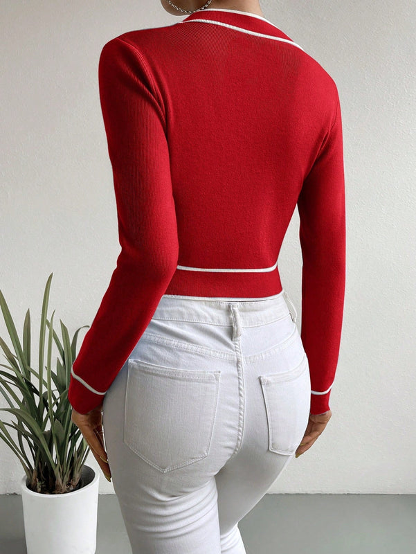 Clasi cardigan corto informal con ribete en bloques de color, otono