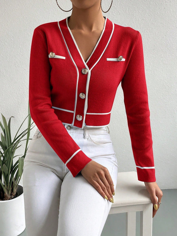 Clasi cardigan corto informal con ribete en bloques de color, otono
