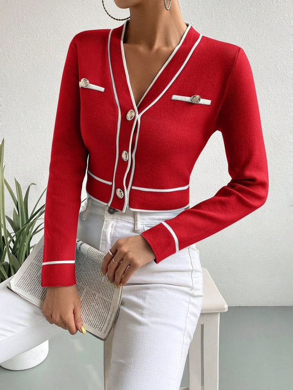 Clasi cardigan corto informal con ribete en bloques de color, otono