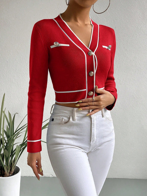 Clasi cardigan corto informal con ribete en bloques de color, otono