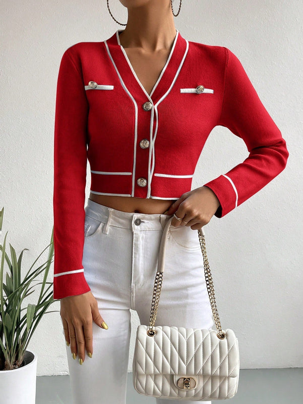 Clasi cardigan corto informal con ribete en bloques de color, otono