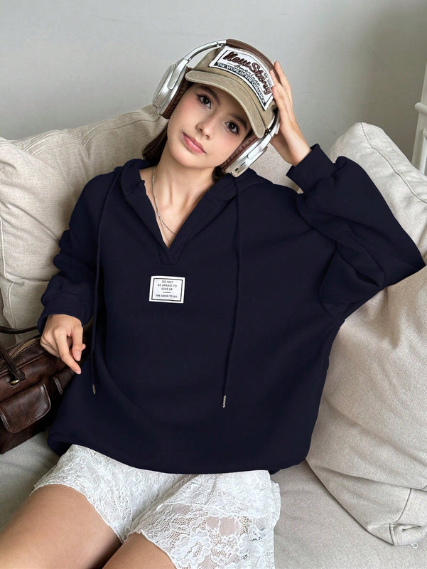 Ezwear sudadera con capucha de manga larga informal con estampado de letra, hombros caidos y cordon, para otono