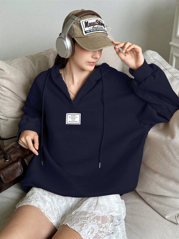 Ezwear sudadera con capucha de manga larga informal con estampado de letra, hombros caidos y cordon, para otono