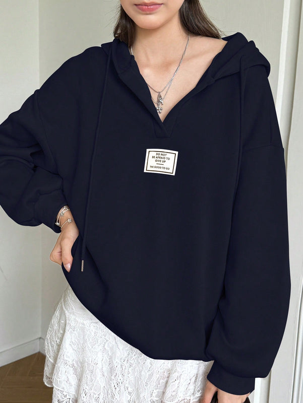 Ezwear sudadera con capucha de manga larga informal con estampado de letra, hombros caidos y cordon, para otono