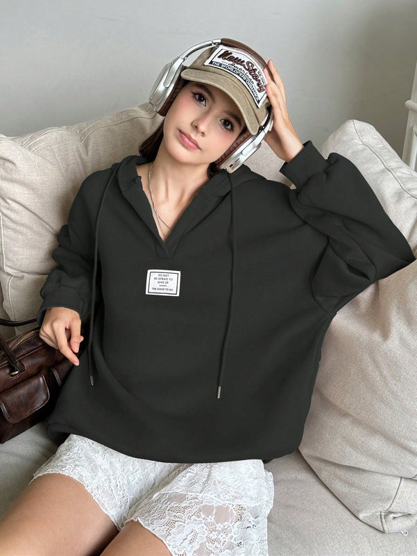 Ezwear sudadera con capucha de manga larga informal con estampado de letra, hombros caidos y cordon, para otono