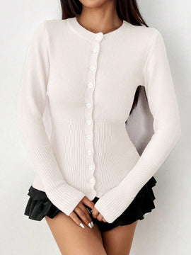 Moosta mujer chaqueta de punto de unicolor con cuello redondo, manga larga, de abotonadura sencilla, versatil y de moda, para otono/invierno