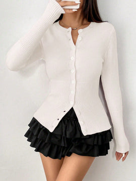 Moosta mujer chaqueta de punto de unicolor con cuello redondo, manga larga, de abotonadura sencilla, versatil y de moda, para otono/invierno
