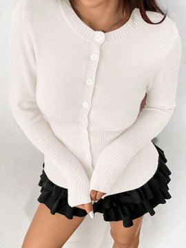 Moosta mujer chaqueta de punto de unicolor con cuello redondo, manga larga, de abotonadura sencilla, versatil y de moda, para otono/invierno