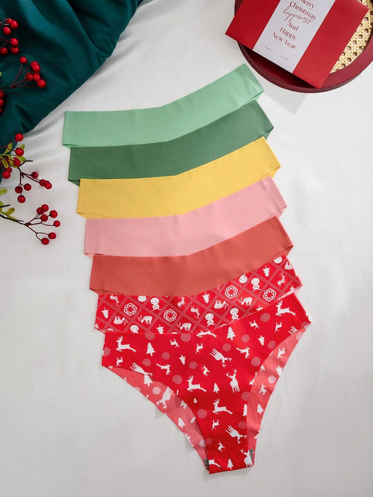 Set de 7 piezas/paquete de tangas de tiro bajo con estampado navideno para mujeres