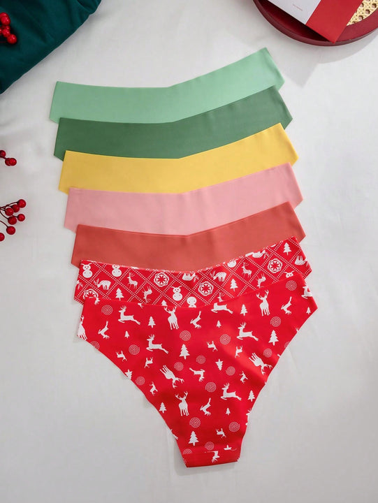 Set de 7 piezas/paquete de tangas de tiro bajo con estampado navideno para mujeres