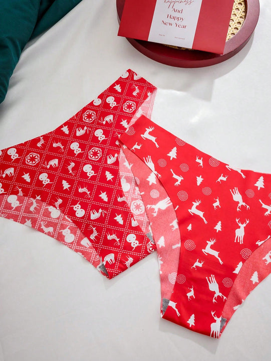 Set de 7 piezas/paquete de tangas de tiro bajo con estampado navideno para mujeres