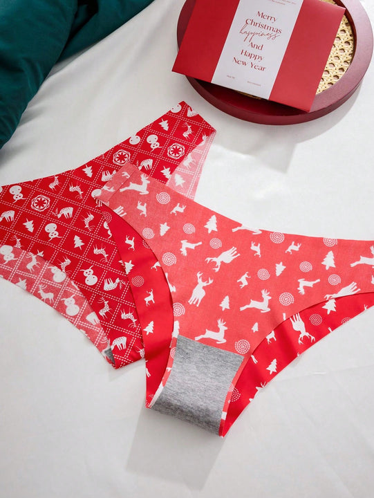Set de 7 piezas/paquete de tangas de tiro bajo con estampado navideno para mujeres