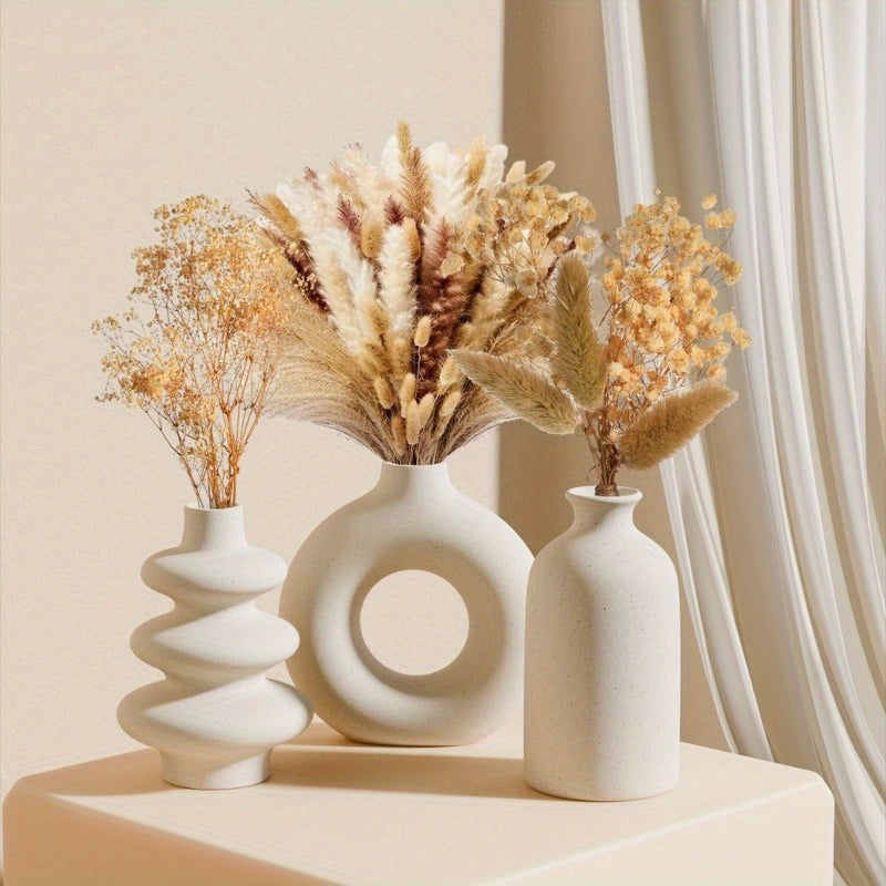 Conjunto de 3 jarrones de cerámica boho, forma oblonga, blanco, trío de jarrones decorativos para decoración del hogar y centros de mesa con flores secas y hierba persa.