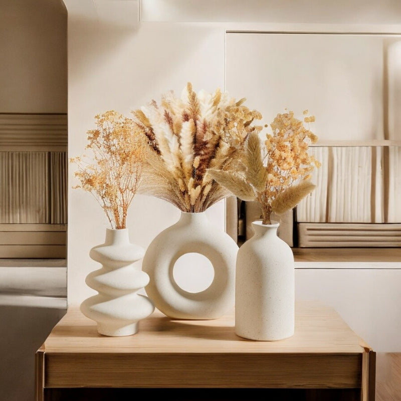 Conjunto de 3 jarrones de cerámica boho, forma oblonga, blanco, trío de jarrones decorativos para decoración del hogar y centros de mesa con flores secas y hierba persa.