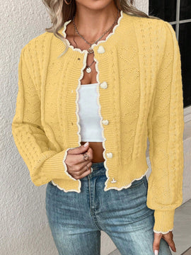 Franclia cardigan casual de mujer con borde de concha de color contrastante, para otono