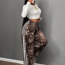 Slayr pantalones anchos de estilo informal deportivo con estampado de leopardo y rayas laterales de contraste, cintura con cordon