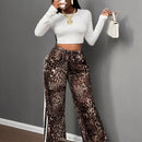 Slayr pantalones anchos de estilo informal deportivo con estampado de leopardo y rayas laterales de contraste, cintura con cordon