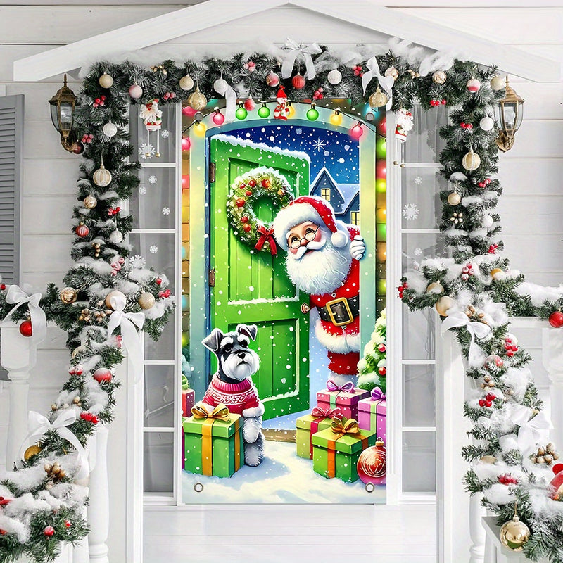 Adorno para marco de puerta de Papá Noel y cachorro, 1 pieza, 89.92x180.09 cm, borlas de poliéster con temática navideña, sin pilas, estilo moderno, perfecto para celebraciones de Año Nuevo y fiestas, ideal para casas de vacaciones y decoración de fiestas