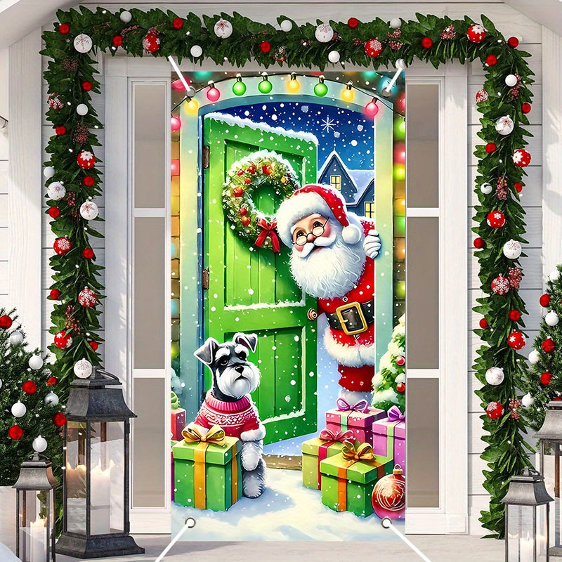 Adorno para marco de puerta de Papá Noel y cachorro, 1 pieza, 89.92x180.09 cm, borlas de poliéster con temática navideña, sin pilas, estilo moderno, perfecto para celebraciones de Año Nuevo y fiestas, ideal para casas de vacaciones y decoración de fiestas