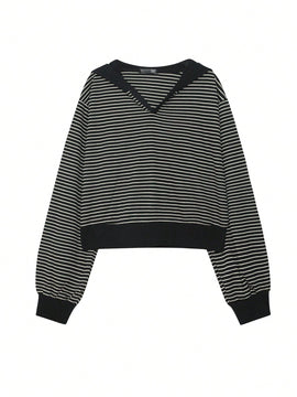 Dazy sudadera corta con capucha de manga larga de hombros caidos a rayas para mujer de primavera y otono
