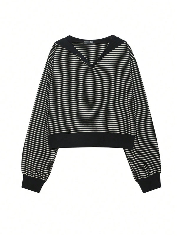 Dazy sudadera corta con capucha de manga larga de hombros caidos a rayas para mujer de primavera y otono