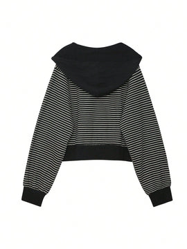 Dazy sudadera corta con capucha de manga larga de hombros caidos a rayas para mujer de primavera y otono