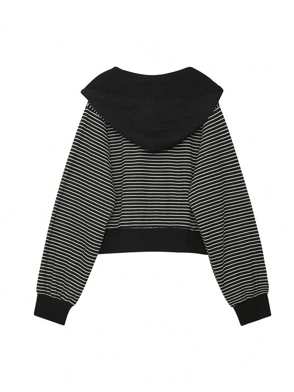 Dazy sudadera corta con capucha de manga larga de hombros caidos a rayas para mujer de primavera y otono