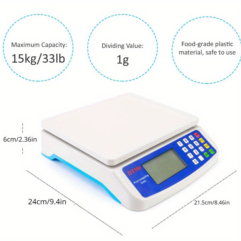 Báscula digital de cocina DT500, precisión de 30 kg/1 g, pantalla LCD, plástico, sin contacto con alimentos, con alimentación por batería, para medición de peso.