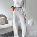 Prive pantalones de pierna ancha de mujer elegantes y casuales de color blido con cintura elastica, forrados de felpa y tejido jacquard. pantalones largos de estilo otono-invierno de terciopelo calidos con cuerda trenzada