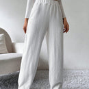 Prive pantalones de pierna ancha de mujer elegantes y casuales de color blido con cintura elastica, forrados de felpa y tejido jacquard. pantalones largos de estilo otono-invierno de terciopelo calidos con cuerda trenzada