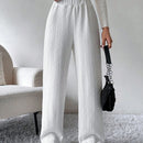 Prive pantalones de pierna ancha de mujer elegantes y casuales de color blido con cintura elastica, forrados de felpa y tejido jacquard. pantalones largos de estilo otono-invierno de terciopelo calidos con cuerda trenzada