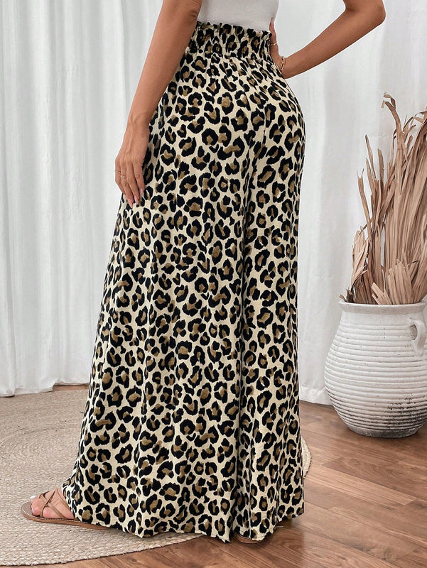Lune pantalones de mujer de pierna ancha con cintura elastica y estampado de leopardo, atuendo casual para vacaciones o profesores