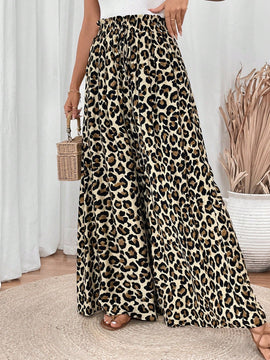 Lune pantalones de mujer de pierna ancha con cintura elastica y estampado de leopardo, atuendo casual para vacaciones o profesores