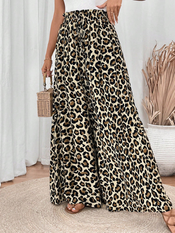 Lune pantalones de mujer de pierna ancha con cintura elastica y estampado de leopardo, atuendo casual para vacaciones o profesores