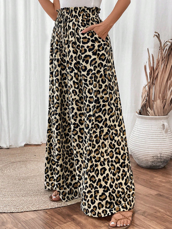 Lune pantalones de mujer de pierna ancha con cintura elastica y estampado de leopardo, atuendo casual para vacaciones o profesores