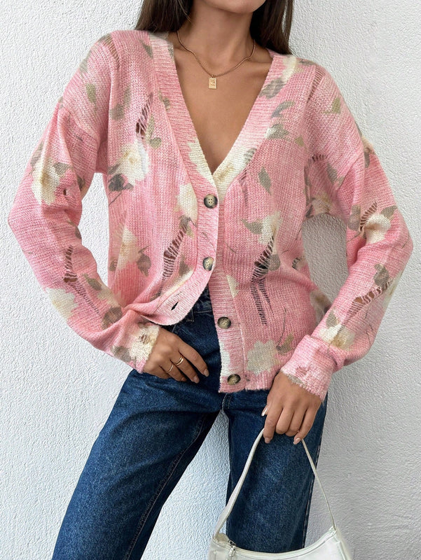 Tall cardigan casual con mangas largas, estampado floral y hombros caidos, rasgado, otono