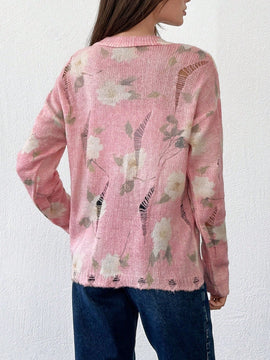 Tall cardigan casual con mangas largas, estampado floral y hombros caidos, rasgado, otono