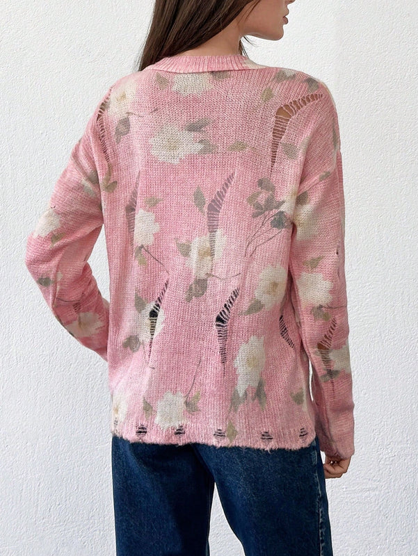 Tall cardigan casual con mangas largas, estampado floral y hombros caidos, rasgado, otono