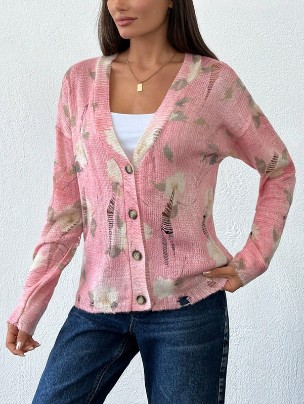 Tall cardigan casual con mangas largas, estampado floral y hombros caidos, rasgado, otono